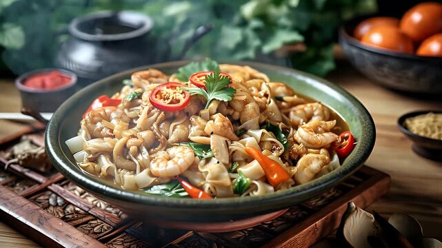 Savoring a delicious noodle dish with shrimp, vegetables, and herbs on a rustic wooden table in a cozy dining setting