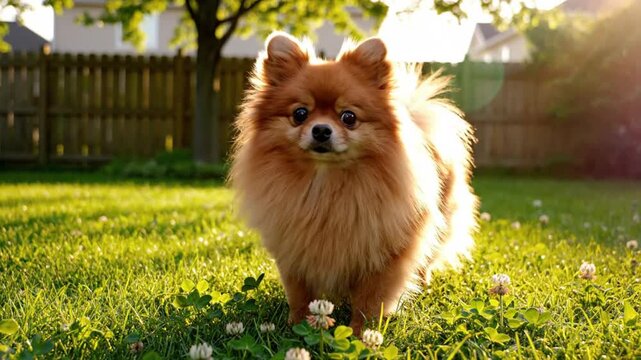 Adorable Pomeranian Dog Enjoys the Sunny Backyard and Looks at the Camera on a Beautiful Day