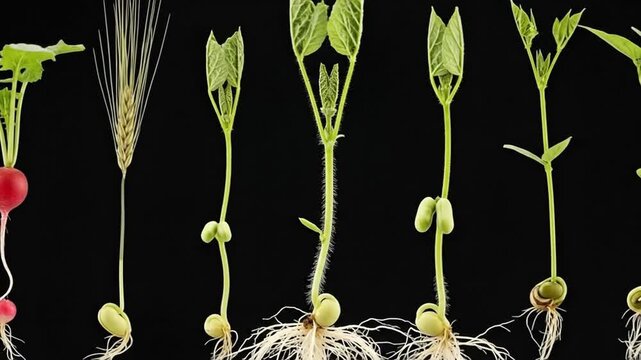 Various seedlings are displayed in a row, showcasing the early stages of plant growth and development against a dark
