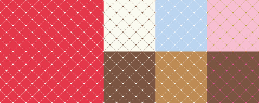 ハート入りキルティング風ダイヤ柄シームレスパターン7色セット (赤・ピンク・ライトブルー・クリームホワイト・ブラウン系)　バレンタインやホワイトデー風の背景素材ベクターイラスト