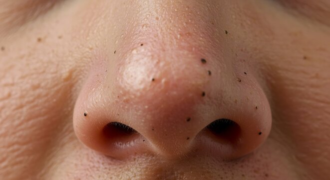 Close up of a nose with blackheads and pores on the skin, human face detail, skin care concept