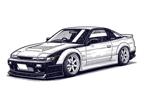 Detailed Ink Sketch Vector of a Modified JDM Sports Car (S13 Silvia/240SX Style) Isolated on White Background