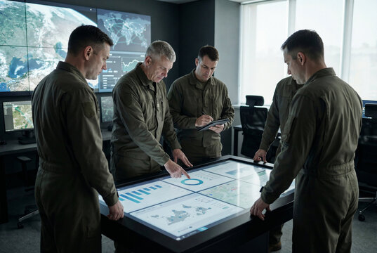 Military officers analyzing data on interactive digital table