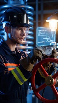 Engineer operates valve viewing hologram display. Worker turns valve with holographic data showing. Engineer checks valve pressure on hologram. Industrial valve operation with digital display.