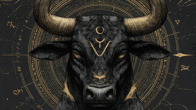 Taurus tarot style illustration featuring a detailed black bull with ornate golden symbols and astrological motifs on a dark background, representing the major arcana aesthetic