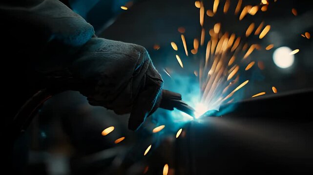 A close-up of a gloved hand welding metal with intense blue light and orange sparks against a dark background. Perfect for industrial manufacturing or trade school publications.