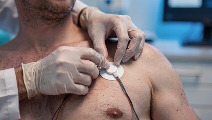 Fototapeta premium Close-up of medical professional's gloved hands applying EKG electrodes to a male patient's chest for a heart rhythm diagnostic test in a sterile clinical environment for wellness and prevention.