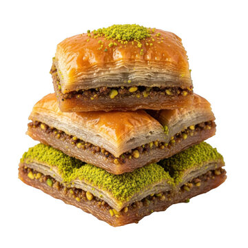 Stack of baklava with pistachio topping isolated on transparent background