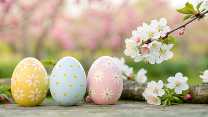 Fototapeta premium Colorful Easter eggs and spring flowers on a wooden table in a garden on a sunny day