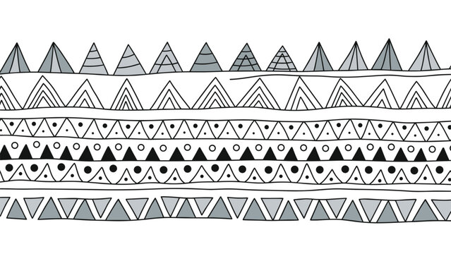 Hand drawn geometric pattern features rows of triangles, circles, and lines in a traditional tribal style design.