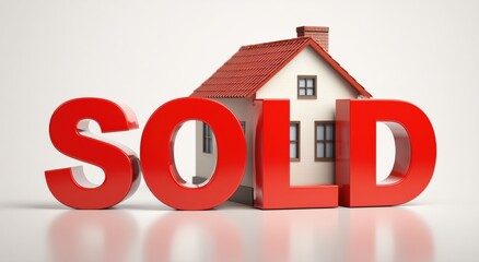 Sold House with Red SOLD Sign, Real Estate Property Sale and Home Purchase Concept, 3D Render