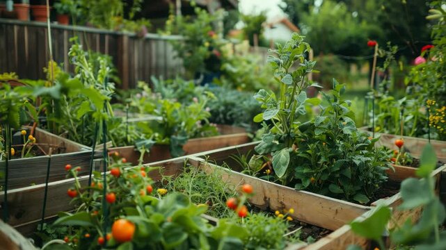 Bright garden filled with rows of plants and flowers, thriving in rich soil within wooden boxes on a sunny day.