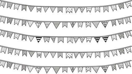 Obraz premium Multiple rows of decorative bunting flags with various patterns like dots and stripes in a hand-drawn black and white style.