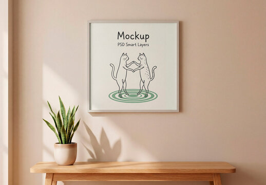 Square Poster Frame Mockup Above Table with Plant