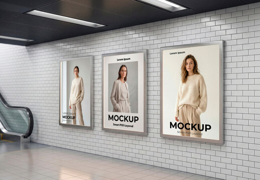 Subway Station Triple Poster Wall Mockup