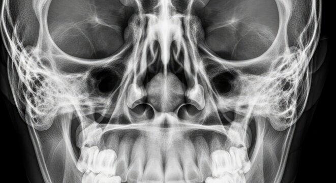 Medical X-ray image of human skull.