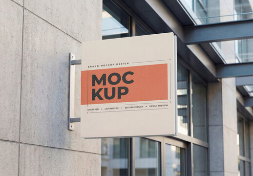 Square Wall Mounted Blade Sign Mockup Modern Exterior