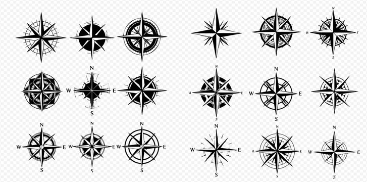 Set of vintage nautical compass roses for navigation and travel design elements.