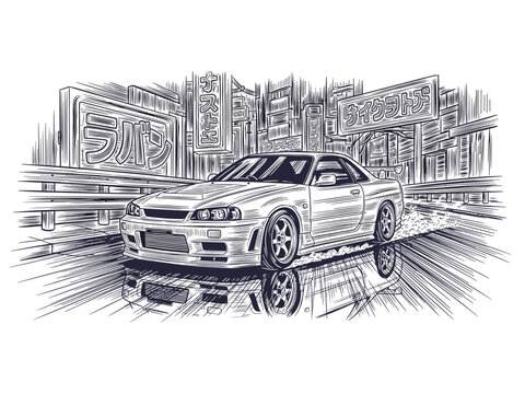 Black and White JDM Car Drift Sketch in Tokyo Street Style. Dynamic Line Art Illustration of a Performance Coupe.