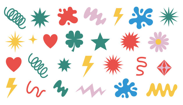 Collection of colorful flat graphic elements including hearts stars lightning bolts splashes zigzags flowers and abstract shapes design symbol icon illustration simple modern