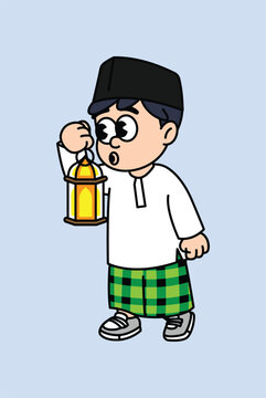 A cartoon illustration of a young boy wearing a peci and sarong holding a glowing lantern. Moslem Boy Ramadan Retro Mascot Character.