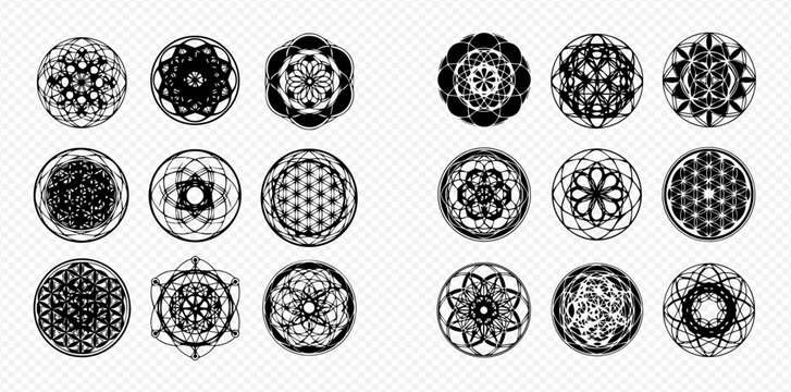 Set of sacred geometry mandalas and spiritual symbols, black and white vector illustration.