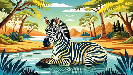 Fototapeta premium Very beautiful zebra resting beside shallow water in natural habitat, showcasing bold black and white patterns, harmony with nature, and iconic African wildlife identity.