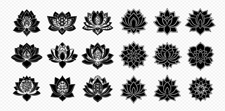Set of black lotus flower icons, elegant floral symbols for spiritual and decorative designs.