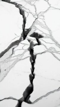 A dramatic crack splits across a white marbled surface, revealing dark depths within