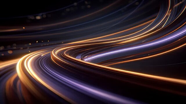 High speed curved road with motion blur and vibrant neon lights at night, conveying energy and modern transportation