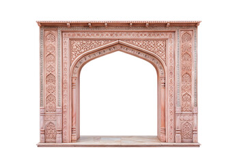 Fototapeta premium Pink marble fireplace with Islamic arch and intricate carvings, isolated on a transparent background