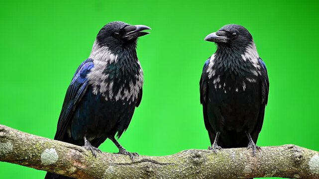 Two Crows Perched on a Branch Against a Green Screen Background.