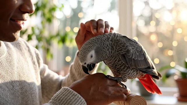 Happy man petting an adorable African grey parrot enjoying a sunny day indoors