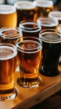 A variety of beer glasses on a tray with different types and colors of beer inside them.