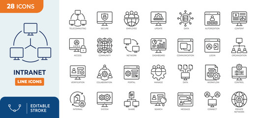 Intranet icon set. Contain icons related to network, portal, access, internal, team, connect, collaborate, communication, and more. Editable stroke. Vector illustration