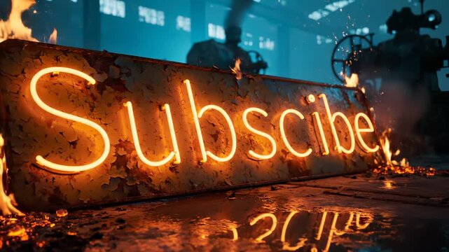 Subscribe neon sign burns with fire on rusty metal wall in factory. Glowing subscribe text burns with flames. Neon sign reflects on wet floor while fire burns. Subscribe button burning in factory.