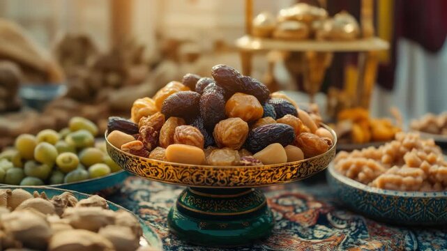 A colorful plate filled with assorted dried fruits and nuts takes center stage on the table, invitingly surrounded by other delicious treats.