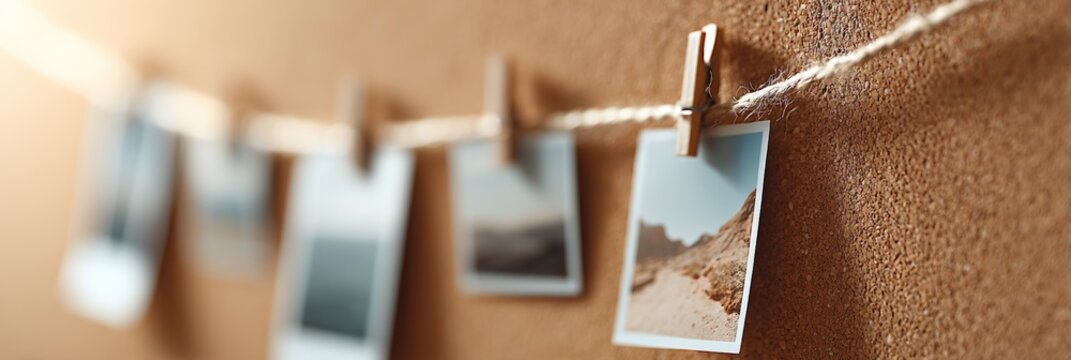 Instant prints featuring travel landscapes hanging on a string with wooden clothespins against a cork board, evoking nostalgia and highlighting cherished moments and past adventures