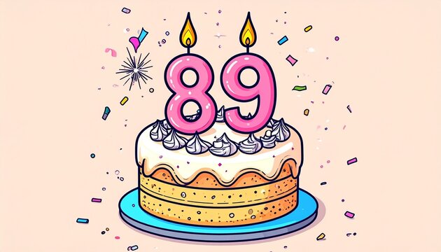 Cartoon birthday cake with number 89 candle. Illustration for birthday or anniversary celebration