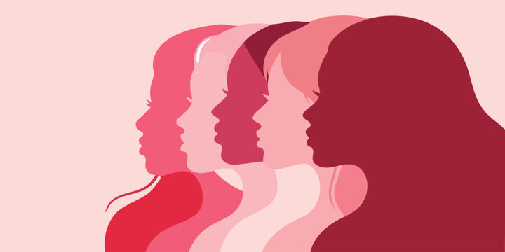 Multiple womens faces in profile with pink and red gradient silhouettes