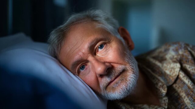 A contemplative elder rests on a pillow, gazing thoughtfully with expressive blue eyes, reflecting profound emotions and the passage of time in serene surroundings.