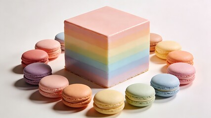 Obraz premium Pastel Rainbow Gradient Cube Cake with Macarons, Modern Minimalist Dessert