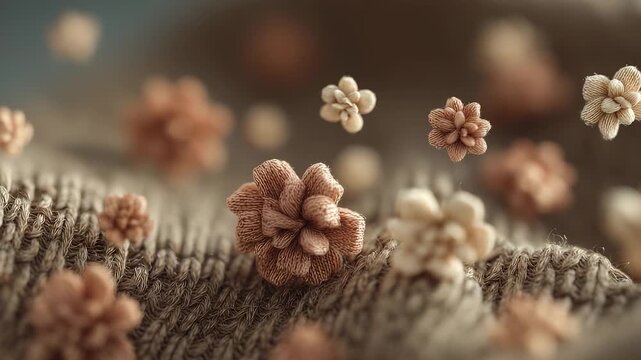 The image features several small flowers floating above a textured textile surface. These delicate flowers and the intricate textile create a serene, natural atmosphere.