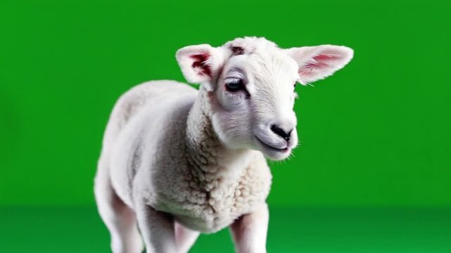Adorable white lamb standing against green background