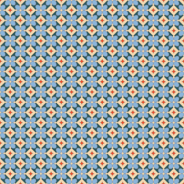 Traditional Seamless Geometric Pattern with Vibrant Blue Flowers and Orange Accents