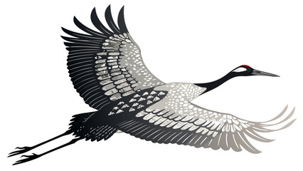 Majestic red-crowned crane in mid-flight with wings spread wide