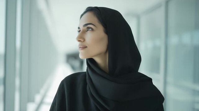 A woman in a black hijab gazes thoughtfully while standing in a modern corridor. The corridor's design complements the woman's expression and cultural attire.