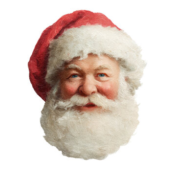 Classic Santa head portrait with friendly expression, rosy cheeks, red hat with white trim, detailed white beard texture, soft shading and gentle shadow isolated on transparent background