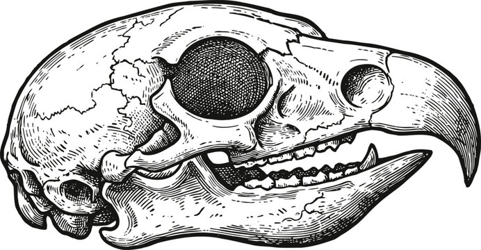 detailed vintage engraving of a bird skull with large eye socket and curved beak illustration