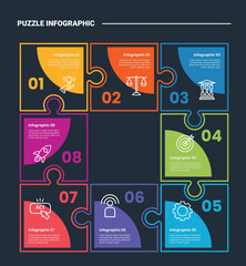 Obraz premium puzzle or jigsaw infographic process diagram with small square components on circular cycle create big square structure with dark background bright outline style 8 points